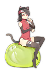 Rule 34 | 1girl, animal ears, arm warmers, bandages, black eyes, black hair, black thighhighs, blush, boruto: naruto the movie, breasts, cat ears, cat tail, clenched hand, closed mouth, detached sleeves, dress, flat chest, flipped hair, forehead protector, frown, full body, glasses, greetload, hair over one eye, headband, holster, kemonomimi mode, knee up, looking away, looking to the side, naruto, naruto (series), no shoes, one eye covered, paw pose, pelvic curtain, red-framed eyewear, red dress, short dress, short hair, side slit, simple background, sitting, sleeveless, sleeveless dress, small breasts, solo, tail, thigh holster, thigh strap, thighhighs, uchiha sarada, white background, zipper