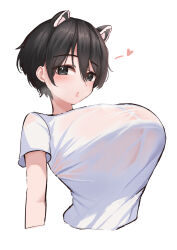 Rule 34 | 1girl, absurdres, animal ears, black hair, blue archive, blush, breasts, cleavage, commentary, cropped arms, cropped torso, fluffyebi01, grey eyes, hair between eyes, heart, highres, huge breasts, leaning back, looking at viewer, puckered lips, see-through, see-through cleavage, see-through shirt, shirt, short hair, short sleeves, simple background, solo, spoken heart, tareme, taut clothes, taut shirt, tsubaki (blue archive), upper body, white background, white shirt