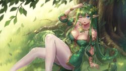 Rule 34 | 1girl, against tree, ark mobius, arm up, artist request, blue eyes, bracelet, breasts, character request, cleavage, collarbone, dappled sunlight, diadem, dress, elf, game cg, grass, green dress, green hair, head wreath, jewelry, large breasts, long hair, off-shoulder dress, off shoulder, one eye closed, open mouth, panties, pointy ears, short dress, sitting, solo, sunlight, tree, underwear, very long hair, white panties