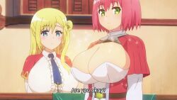Rule 34 | 2girls,  opening, animated, anime screenshot, blonde hair, blue eyes, blue necktie, breasts, capelet, center opening, cleavage, dress, enome, frilled shirt, frills, futoku no guild, green eyes, hanabata nohkins, highres, huge breasts, long hair, long sleeves, mature female, multiple girls, necktie, orange capelet, pink hair, screencap, shirt, short hair, sidelocks, sound, sparkle, subtitled, tagme, video, white dress, white shirt