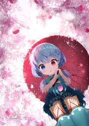 Rule 34 | 1girl, absurdres, blue eyes, blue hair, brown footwear, cherry blossoms, heterochromia, highres, holding, holding umbrella, looking at viewer, nerkia, open mouth, red eyes, reflection, reflective water, sandals, short hair, solo, standing, tatara kogasa, touhou, umbrella