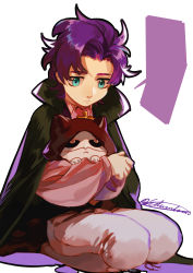 Rule 34 | 1boy, absurdres, ace attorney, aged down, animal, barok van zieks, black cloak, blue eyes, cat, cloak, closed mouth, edwintarm, highres, holding, holding animal, hood, long sleeves, looking down, male focus, mask, pants, purple hair, shirt, short hair, simple background, solo, the great ace attorney, the great ace attorney 2: resolve, twitter username, white background, white pants, white shirt