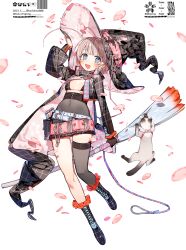 Rule 34 | 1girl, absurdres, ahoge, asymmetrical clothes, belt, black bra, black footwear, black jacket, black skirt, black thighhighs, blue eyes, boots, bra, broom, cat, checkered clothes, fake wings, falling petals, frilled footwear, frilled skirt, frills, full body, gloves, hachihito, hat, high-waist skirt, highres, jacket, looking at viewer, medium hair, miniskirt, open mouth, original, petals, pink hair, single bare leg, single glove, single thighhigh, skirt, thighhighs, underwear, white background, wings, witch hat