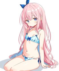 Rule 34 | 1girl, blue eyes, blush, bra, breasts, closed mouth, collarbone, commentary request, groin, hair ornament, highres, long hair, looking at viewer, navel, original, panties, petite, pink hair, sakura mikan (chirizakura), seiza, simple background, sitting, small breasts, solo, underwear, underwear only, white background