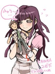 Rule 34 | 1girl, apron, bad id, bad pixiv id, blunt bangs, blush, breasts, character doll, commentary request, cowboy shot, danganronpa (series), danganronpa 2: goodbye despair, doll, flying sweatdrops, gloves, hands up, highres, hinata hajime, holding, holding doll, long hair, looking at object, medium breasts, meme rawness, necktie, puffy short sleeves, puffy sleeves, purple eyes, purple hair, short sleeves, simple background, smile, solo, speech bubble, translation request, tsumiki mikan, wavy mouth, white apron, white background