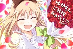 Rule 34 | &gt; &lt;, 1girl, :d, blonde hair, bouquet, bow, closed eyes, collarbone, commentary request, dress, elbow gloves, flower, frilled dress, frills, gloves, green bow, hair bow, highres, long hair, namori, ootsubo yuka, open mouth, petals, rose, rose petals, smile, solo, sparkle, toshinou kyouko, translated, white dress, xd, yuru yuri