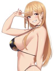 Rule 34 | 1girl, :d, absurdres, arm behind back, arm up, bare shoulders, bikini, black bikini, black choker, blonde hair, bouhatei (t-back), choker, ear piercing, fingernails, floral print, from side, grin, highres, kitagawa marin, long fingernails, long hair, looking at viewer, looking to the side, nail polish, open mouth, parted lips, piercing, pink nails, print bikini, red eyes, simple background, smile, solo, sono bisque doll wa koi wo suru, strap gap, swimsuit, v, very long hair, white background