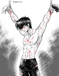 Rule 34 | 1boy, black gloves, black hair, bleeding, blood, bound, bound wrists, cowboy shot, cuts, gloves, highres, injury, jigoku sensei nube, looking down, male focus, muscular, nipples, nueno meisuke, pants, pectorals, red eyes, rope, short hair, single glove, solo, tied up (nonsexual), topless male, torn clothes, torn pants, wauwa