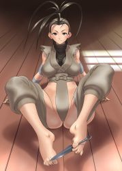 Rule 34 | 1girl, antenna hair, bad id, bad pixiv id, barefoot, between toes, black hair, blush, breasts, brown eyes, brown hair, capcom, cosine, feet, fingerless gloves, full body, gloves, high ponytail, holding with feet, ibuki (street fighter), japanese clothes, kunai, large breasts, legs up, long hair, ninja, no panties, on floor, plantar flexion, ponytail, reclining, shadow, smile, solo, spread legs, street fighter, street fighter iii (series), toes, turtleneck, weapon