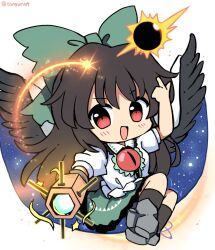 Rule 34 | 1girl, arm cannon, bird wings, black hair, black socks, black wings, blush, bow, collared shirt, commentary request, feathered wings, full body, green bow, green skirt, hair bow, long hair, looking at viewer, open mouth, puffy short sleeves, puffy sleeves, ramudia (lamyun), red eyes, reiuji utsuho, shirt, short sleeves, simple background, skirt, smile, socks, solo, third eye, touhou, twitter username, weapon, white background, white shirt, wings