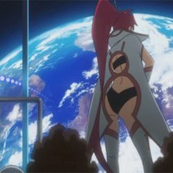 Rule 34 | 00s, animated, animated gif, ass, bouncing breasts, breasts, cleavage, curvy, earth (planet), female focus, huge ass, large breasts, legs, long hair, lowres, ponytail, red hair, space, space yoko, tengen toppa gurren lagann, thighhighs, thighs, white legwear, yoko littner