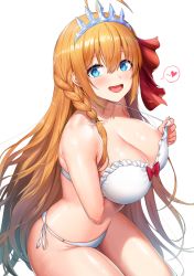 Rule 34 | 1girl, :d, arm under breasts, bikini, blue eyes, blush, bow, braid, breasts, cleavage, frilled bikini, frills, from side, greem bang, hair ribbon, heart, highres, large breasts, long hair, looking at viewer, looking to the side, o-ring, o-ring bikini, open mouth, orange hair, pecorine (princess connect!), princess connect!, red bow, red ribbon, ribbon, shiny skin, side-tie bikini bottom, side braid, simple background, sitting, smile, solo, speech bubble, spoken heart, strap lift, swimsuit, tiara, very long hair, white background, white bikini, white ribbon
