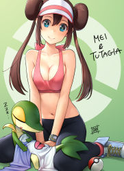 Rule 34 | 1girl, ankle boots, bare arms, bare shoulders, black pantyhose, blue eyes, blue footwear, blush, boots, bra, breasts, bright pupils, brown hair, character name, cleavage, closed mouth, collarbone, creatures (company), double bun, game freak, gen 5 pokemon, hair bun, highres, kakinomai, large breasts, long hair, looking at viewer, medium breasts, navel, nintendo, pantyhose, pink bra, poke ball, poke ball (basic), poke ball symbol, pokemon, pokemon (creature), pokemon bw2, pokemon masters ex, rosa (pokemon), shirt, sidelocks, signature, sitting, sleeping, smile, snivy, sports bra, tareme, twintails, two-tone background, underwear, unworn shirt, very long hair, visor cap, wariza, watch, white headwear, white shirt, wristwatch, zzz