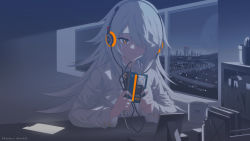 Rule 34 | 1girl, bedroom, book, bookshelf, building, cactus, cassette player, cassette tape, cellphone, character request, city, closed mouth, coffee mug, cup, eyelashes, fingernails, frills, grey eyes, grey hair, hair over one eye, headphones, highres, holding, indie virtual youtuber, indoors, light rays, long fingernails, long hair, mug, night, night sky, orange pupils, phone, picture frame, plant, potted plant, road, shelf, shiroan (vtuber), sky, smile, solo, tokiti, virtual youtuber, vocaloid, vsinger