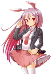 Rule 34 | 1girl, animal ears, aosode, blazer, blush, carrot, female focus, frills, jacket, long hair, necktie, pink eyes, pink hair, pink thighhighs, pointing, pointing up, rabbit ears, red necktie, reisen udongein inaba, skirt, smile, solo, thighhighs, touhou, very long hair, white background