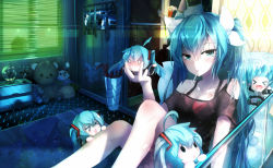 Rule 34 | &gt; &lt;, 5girls, ahoge, aqua eyes, aqua hair, bra strap, chibi, closed eyes, hatsune miku, mouth hold, multiple girls, o o, open mouth, panties, qys3, sitting, solid oval eyes, striped clothes, striped panties, stuffed animal, stuffed toy, tattoo, teddy bear, twintails, underwear, vocaloid