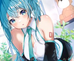 Rule 34 | 1girl, :o, absurdres, anzu (x anzu ill), aqua necktie, arm tattoo, bare shoulders, bent over, black skirt, black sleeves, blue eyes, blue hair, blurry, blurry background, blush, breasts, button gap, collared shirt, commentary, crossed bangs, detached sleeves, hair between eyes, hatsune miku, highres, indoors, large breasts, long hair, looking at viewer, necktie, number tattoo, parted lips, partially unbuttoned, plant, pleated skirt, shelf, shirt, signature, skirt, sleeveless, sleeveless shirt, solo, stuffed animal, stuffed toy, symbol-only commentary, tattoo, teddy bear, tie clip, twintails, very long hair, vocaloid, white shirt, window