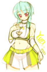 Rule 34 | 1girl, breasts, cleavage, cleavage cutout, clothing cutout, crop top, elbow pads, green hair, groin, halterneck, halterneck, large breasts, mel/a, midriff, miniskirt, navel, original, race queen, red eyes, short hair, sidelocks, skirt, solo, yufi