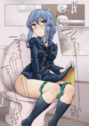Rule 34 | 1girl, belt, between legs, black bow, black bowtie, blue eyes, blue hair, blue sailor collar, blue socks, blush, bow, bow panties, bowtie, breasts, covered navel, door, door handle, female focus, gloves, gotland (kancolle), green panties, half gloves, hand between legs, heart, heavy breathing, highres, indoors, japanese text, kantai collection, kneehighs, koorimizu, lifting own clothes, long sleeves, matching hair/eyes, medium breasts, medium hair, mole, mole under eye, nose blush, open mouth, panties, panty pull, pee, peeing, ponytail, sailor collar, sitting, socks, solo, speech bubble, spoken heart, steam, sweat, thighs, toilet, toilet use, translation request, two-sided fabric, underwear, waist cape, white gloves