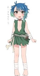 Rule 34 | 1girl, bandages, belt, blue hair, brown eyes, cosplay, dororo (character), dororo (character) (cosplay), dororo (tezuka), fangs, fukae (kancolle), full body, gradient hair, japanese clothes, junes, kantai collection, multicolored hair, short hair, side ponytail, sidelocks, simple background, solo, standing, translation request, white background