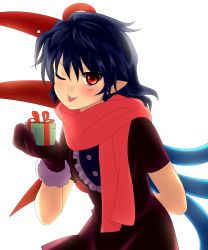 Rule 34 | 1girl, ;p, absurdres, arm behind back, bad id, bad pixiv id, blue hair, chagen kokimu, christmas, female focus, gift, highres, holding, holding gift, houjuu nue, one eye closed, pointy ears, red eyes, scarf, solo, tongue, tongue out, touhou
