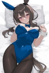 Rule 34 | 1girl, admire vega (umamusume), animal ears, bare shoulders, black pantyhose, blue bow, blue bowtie, blue leotard, blush, bow, bowtie, breasts, brown hair, closed mouth, detached collar, ear covers, frown, hand on own chest, highres, horse ears, horse girl, horse tail, large breasts, leotard, long hair, looking at viewer, lying, on back, on bed, pantyhose, pillow, purple eyes, sleeves past wrists, solo, strapless, strapless leotard, tail, thigh gap, umamusume, zukanosuke
