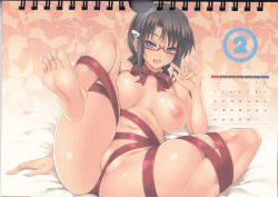 Rule 34 | 1girl, :d, arm support, barefoot, bed, black hair, blue eyes, breasts, breasts apart, calendar, censored, cle masahiro, convenient censoring, feet, female focus, fingernails, glasses, hairband, highres, large breasts, leaning back, leg up, legs, long hair, looking at viewer, makinami mari illustrious, naked ribbon, navel, neon genesis evangelion, nipples, nude, open mouth, partially visible vulva, pussy, red-framed eyewear, ribbon, semi-rimless eyewear, shiny skin, simple background, sitting, skindentation, smile, soles, solo, spread legs, thighs, toes, twintails