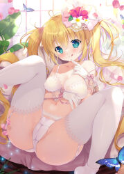 Rule 34 | 1girl, aqua eyes, bare shoulders, blonde hair, blush, bow, bra, breasts, bug, butterfly, commentary, english commentary, flower, garter straps, gloves, hair flower, hair ornament, highres, insect, large breasts, long hair, looking at viewer, mikeou, navel, original, panties, pink bow, smile, solo, spread legs, thighhighs, tongue, tongue out, underwear, white bra, white gloves, white panties, white thighhighs