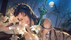 Rule 34 | 1girl, artist request, bamboo, bamboo forest, black hair, brown eyes, detached sleeves, dress, dust, facial mark, flower, forehead mark, forest, full moon, highres, long hair, looking at viewer, lu xueqi (zhu xian), lying, moon, nature, night, on side, parted lips, planted, planted sword, planted weapon, second-party source, solo, sword, tiara, weapon, white dress, white flower, zhu xian