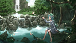 Rule 34 | 1girl, backpack, bag, barefoot, blue eyes, blue hair, branch, bug, butterfly, cloud, cloudy.r, day, dress, flower, forest, green hat, hair bobbles, hair ornament, hat, highres, holding, insect, kawashiro nitori, long sleeves, matching hair/eyes, nature, open mouth, outdoors, pond, rainbow, rock, scenery, short hair, sitting, sky, solo, sunlight, touhou, tree, twintails, two side up, water, waterfall