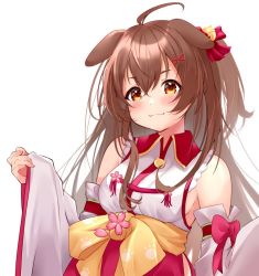 Rule 34 | 1girl, :3, ahoge, animal ears, bare shoulders, bell, blush, bow, breasts, brown eyes, brown hair, closed mouth, collared shirt, commentary request, cosplay, detached sleeves, dog ears, dog girl, hair bell, hair between eyes, hair bow, hair ornament, hololive, inugami korone, inugami korone (1st costume), jingle bell, long hair, long sleeves, looking at viewer, medium breasts, red bow, sakura miko, sakura miko (1st costume), sakura miko (cosplay), shirt, simple background, sleeves past wrists, solo, takumin dx, upper body, virtual youtuber, white background, white shirt, wide sleeves, x hair ornament