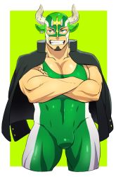 Rule 34 | 1boy, bara, bulge, covered abs, cowboy shot, crossed arms, ezaki papiko, facial hair, goat, green eyes, highres, horned mask, ikusaba daisuke, jacket, jacket on shoulders, large pectorals, looking at viewer, male focus, mask, muscular, pectorals, simple background, skin tight, smile, solo, taurus mask, thighs, tokyo houkago summoners, upper body, wrestling outfit