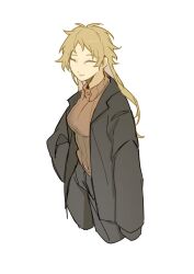 Rule 34 | 1girl, atou haruki, black jacket, black pants, blonde hair, breasts, chinese commentary, closed eyes, closed mouth, commentary request, cowboy shot, genderswap, genderswap (mtf), highres, jacket, long hair, long sleeves, male focus, medium breasts, open clothes, open jacket, pants, qiuansi, ribbed sweater, saibou shinkyoku, short hair, solo, sweater, turtleneck, turtleneck sweater