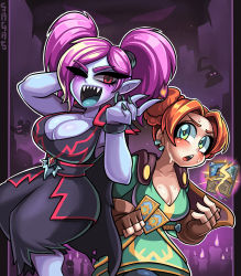 Rule 34 | 2girls, artist name, blue skin, blush, colored skin, fangs, gnome, gnomeferatu, hearthstone, highres, multiple girls, purple hair, red hair, sagas, sorcerer&#039;s apprentice, sweat, vampire, warcraft, witch