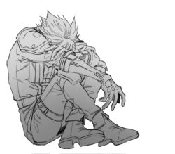 Rule 34 | 1boy, boots, cloud strife, crisis core final fantasy vii, crossed ankles, final fantasy, final fantasy vii, full body, gloves, greyscale, hand on own arm, head down, highres, hugging own legs, male focus, military uniform, monochrome, moyanwxy, pants, shinra infantry uniform, short hair, shoulder pads, solo, spiked hair, thigh strap, uniform, white background