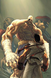 Rule 34 | 5boys, abs, alvin lee, angry, armor, balrog (street fighter), bandages, black eyes, black hair, blue eyes, brown background, brown hair, capcom, claw (weapon), clenched hands, clenched teeth, cowboy shot, dark skin, dated, dougi, eye contact, eyepatch, fingerless gloves, from behind, frown, gloves, gym shorts, hat, headband, highres, japanese clothes, light brown hair, lips, looking at another, looking at viewer, looking away, looking down, looking up, m. bison, male focus, mask, military, military uniform, missing tooth, multiple boys, muscular, no pupils, parted bangs, pauldrons, peaked cap, ryu (street fighter), sagat, saliva, scar, short hair, shorts, shoulder armor, signature, simple background, size difference, sleeveless, spiked hair, standing, street fighter, teeth, topless male, torn clothes, turtleneck, udon entertainment, uniform, vega (street fighter), veins, weapon, white eyes
