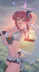 Rule 34 | 1girl, absurdres, arm up, armpits, bikini, blue archive, blush, breasts, cleavage, commentary, double bun, feathered wings, frilled bikini, frills, hair bun, halo, highres, laza (0ldsong), looking at viewer, medium breasts, mika (blue archive), navel, outdoors, pink hair, revision, scrunchie, sidelocks, smile, solo, stomach, swimsuit, wading, water drop, white bikini, white wings, wings, wrist scrunchie