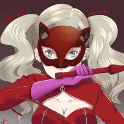 Rule 34 | 1girl, animal ears, blue eyes, bodysuit, breasts, brown background, cat ears, cat mask, cleavage, cleavage cutout, clothing cutout, copyright name, earrings, fake animal ears, floating hair, gloves, highres, holding, holding whip, jewelry, long hair, looking at viewer, mask, medium breasts, nagaimotororo, persona, persona 5, pink gloves, red bodysuit, silver hair, solo, takamaki anne, twintails, upper body, very long hair