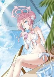 Rule 34 | 1girl, beach, bikini, blue archive, blue eyes, braid, braided bun, breasts, cup, drinking, flower, hair bun, hair flower, hair ornament, halo, highres, holding, holding cup, kd (kdh45689), large breasts, long hair, looking at viewer, mimori (blue archive), mimori (swimsuit) (blue archive), navel, parasol, pink hair, solo, stomach, summer, sunlight, swimsuit, umbrella, white bikini