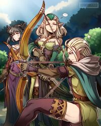 ... 3girls archery arrow_(projectile) artist_name black_hair blonde_hair bow_(weapon) breasts brown_gloves character_request clenched_teeth commentary constricted_pupils earrings gloves green_eyes gzei highres holding holding_bow_(weapon) holding_weapon hoop_earrings jewelry large_breasts medium_hair multiple_girls outdoors pointy_ears raised_eyebrows sparkle spoken_ellipsis sunlight teeth thighhighs twitter_username unicorn_overlord weapon