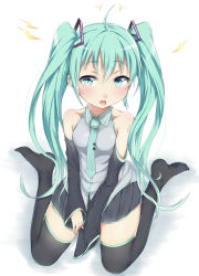 Rule 34 | 1girl, ahoge, bad id, bad pixiv id, blush, detached sleeves, female focus, full body, gradient background, green eyes, green hair, harushin, hatsune miku, highres, long hair, matching hair/eyes, necktie, open mouth, sitting, solo, thighhighs, twintails, very long hair, vocaloid, wariza, white background
