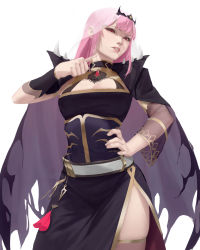 Rule 34 | 1girl, belt, black cape, black dress, breasts, cape, cleavage cutout, clothing cutout, cowboy shot, crown, dress, highres, hololive, hololive english, large breasts, lipstick, long hair, long sleeves, looking at viewer, makeup, mori calliope, parted lips, pink hair, pink lips, red eyes, simple background, slit throat (gesture), solo, thighhighs, torn cape, torn clothes, umber, veil, virtual youtuber, white background, white belt, wristband