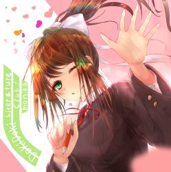 Rule 34 | 1girl, ;), bad id, bad pixiv id, blush, bow, brown hair, character name, copyright name, doki doki literature club, hair bow, hand up, heart, long hair, monika (doki doki literature club), one eye closed, pen to chin, ponytail, school uniform, sidelocks, smile, solo, takei (jamfusion), upper body, white bow