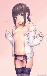 Rule 34 | 1girl, black panties, black thighhighs, blush, breasts, brown hair, character name, dated, fubuki (kancolle), garter belt, garter straps, green eyes, heart, heart-shaped pupils, highres, hood, hoodie, jacket, kantai collection, long sleeves, low ponytail, nakaaki masashi, nipples, off shoulder, open clothes, open jacket, open mouth, panties, pink background, ponytail, short ponytail, side-tie panties, sidelocks, simple background, small breasts, solo, symbol-shaped pupils, thighhighs, thong, twitter username, underwear, white jacket