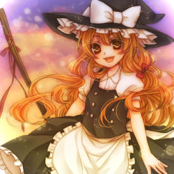 Rule 34 | 1girl, apron, bad id, bad pixiv id, blonde hair, bow, female focus, hair bow, hat, hat bow, kirisame marisa, long hair, open mouth, puffy sleeves, shiratama (mofutto), short sleeves, solo, touhou, witch hat, yellow eyes
