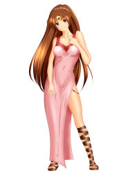 Rule 34 | 1girl, breasts, brown eyes, brown hair, colorized, covered navel, cross-laced footwear, fire emblem, fire emblem: mystery of the emblem, gladiator sandals, highres, kiryu (1003), linde (fire emblem), long hair, medium breasts, nintendo, sandals, simple background, smile, solo, very long hair, white background