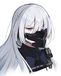 Rule 34 | 1girl, ak-15 (girls&#039; frontline), artificial eyes, blunt bangs, braid, citrus7763, defy (girls&#039; frontline), eye trail, eyebrows hidden by hair, girls&#039; frontline, glowing, glowing eyes, hair over one eye, highres, light trail, long hair, looking at viewer, mask, mouth mask, simple background, solo, tactical clothes, upper body, white background, white hair