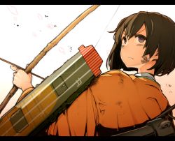 Rule 34 | &gt;:|, 10s, 1girl, :|, arrow (projectile), bow (weapon), brown eyes, brown hair, bruise, closed mouth, flight deck, from behind, from below, gradient background, hiryuu (kancolle), injury, japanese clothes, kantai collection, kimono, letterboxed, looking back, looking up, ninjunker, quiver, short hair, solo, upper body, v-shaped eyebrows, weapon