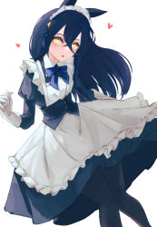 Rule 34 | 1girl, alternate costume, animal ears, apron, black dress, black hair, black pantyhose, blue bow, blue bowtie, bow, bowtie, corset, dress, enmaided, gloves, heart, highres, horse ears, jouyqtou, juliet sleeves, long hair, long sleeves, looking at viewer, maid, maid apron, maid headdress, manhattan cafe (umamusume), open mouth, pantyhose, puffy sleeves, simple background, smile, solo, umamusume, white background, white gloves, yellow eyes