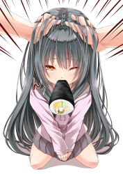 Rule 34 | 1girl, black hair, blush, creek (moon-sky), emphasis lines, food, grey hair, hands in hair, hands on another&#039;s head, highres, hood, hoodie, kneeling, long hair, looking at viewer, makizushi, one eye closed, original, headpat, pleated skirt, sexually suggestive, simple background, skirt, solo, solo focus, sushi, sweater, very long hair, we&#039;re forced!, white background, wince, yellow eyes, youjo (creek (moon-sky))